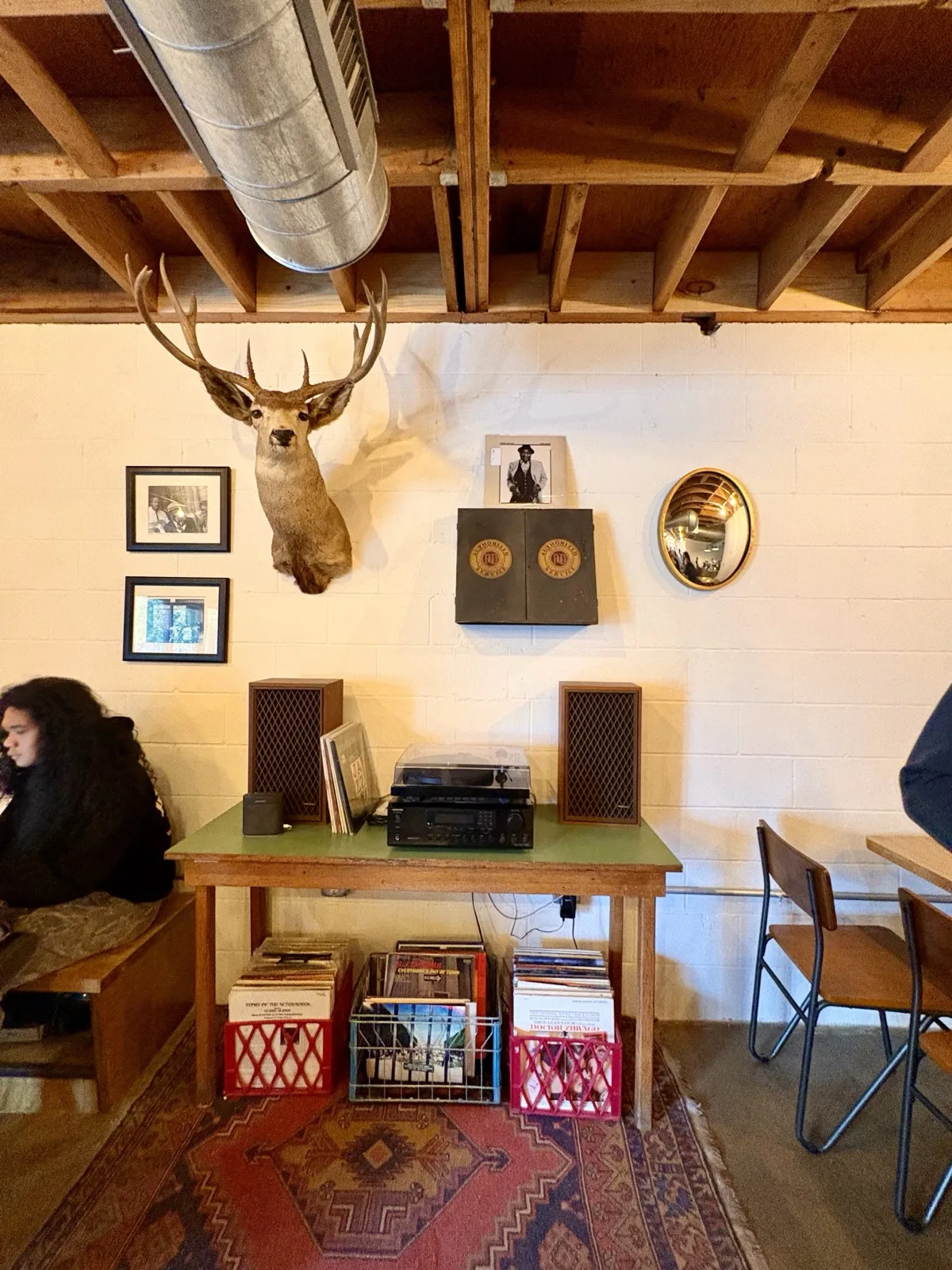 Exposed wood ceiling beams with taxidermy and track lighting at Moon Wolf