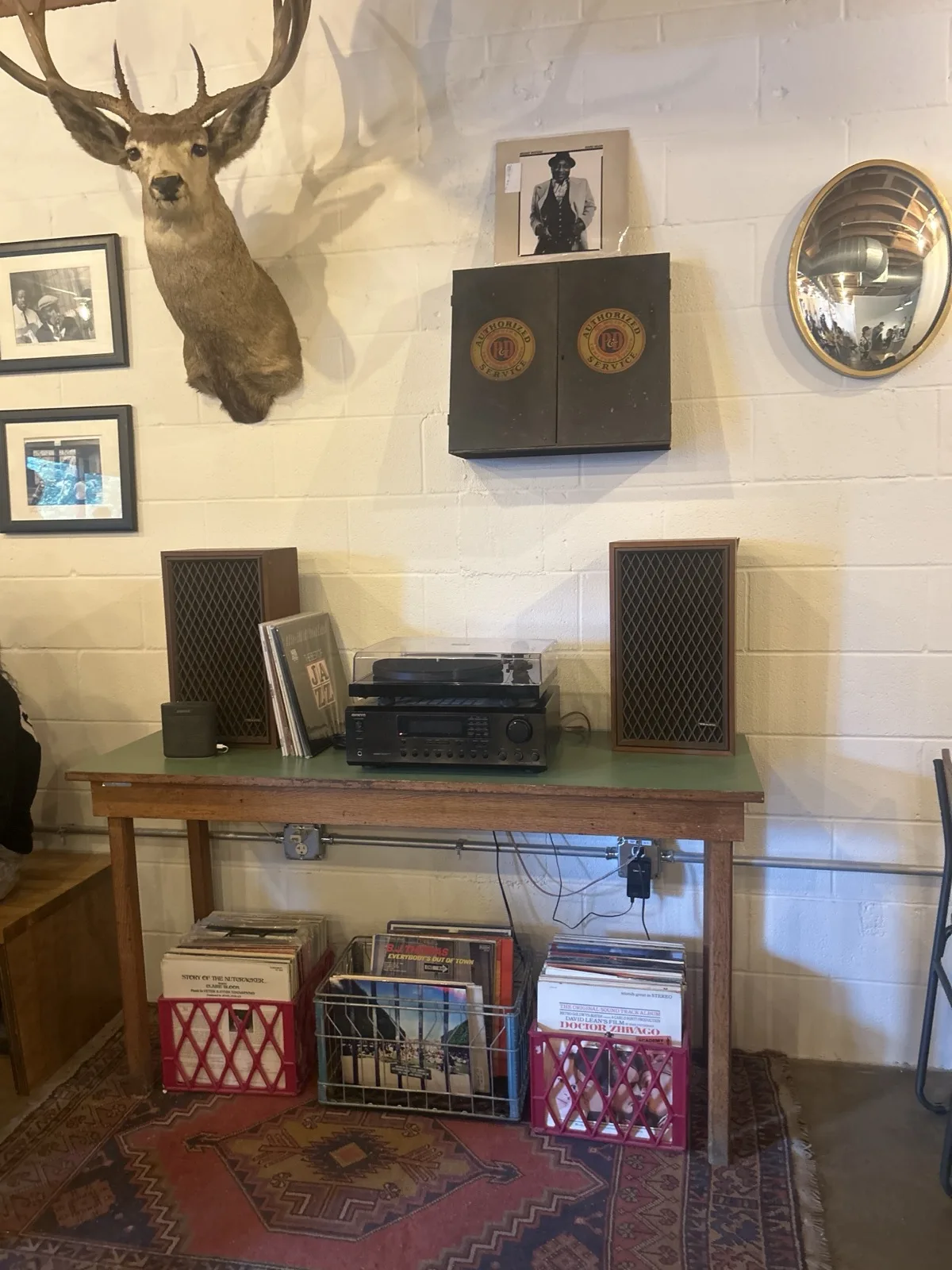 Vinyl record player, vintage speakers, and deer mount on a rug inside Moon Wolf Provisions